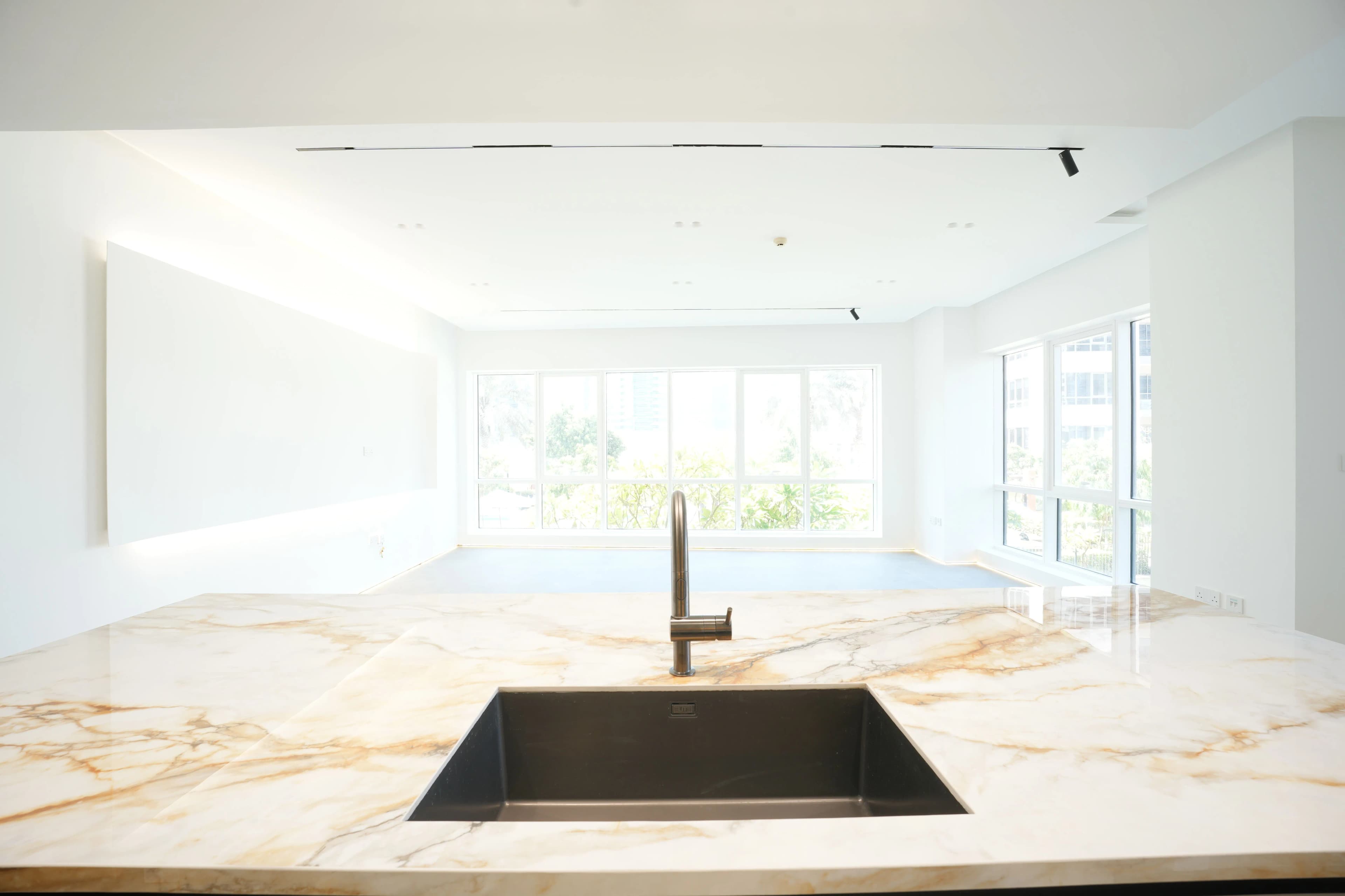 Open-plan living space with refined flooring