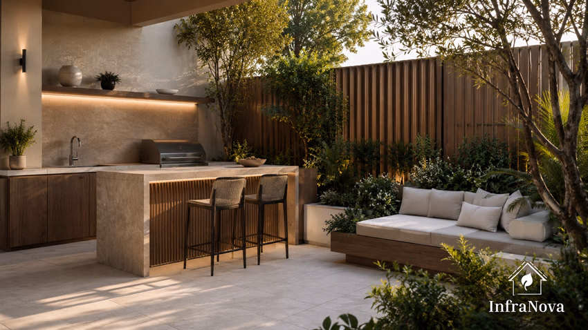 Built-In Garden Seating And Outdoor Kitchen