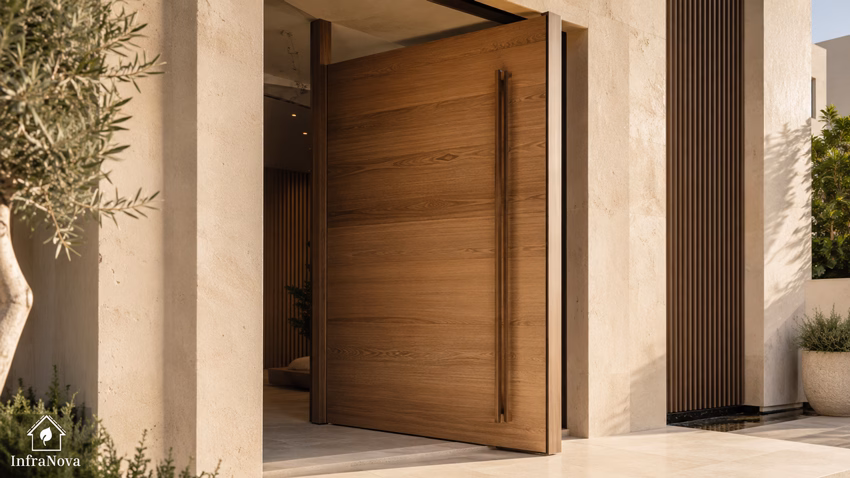Large-Format Hardwood Pivot Door with Concealed Pivot Hardware